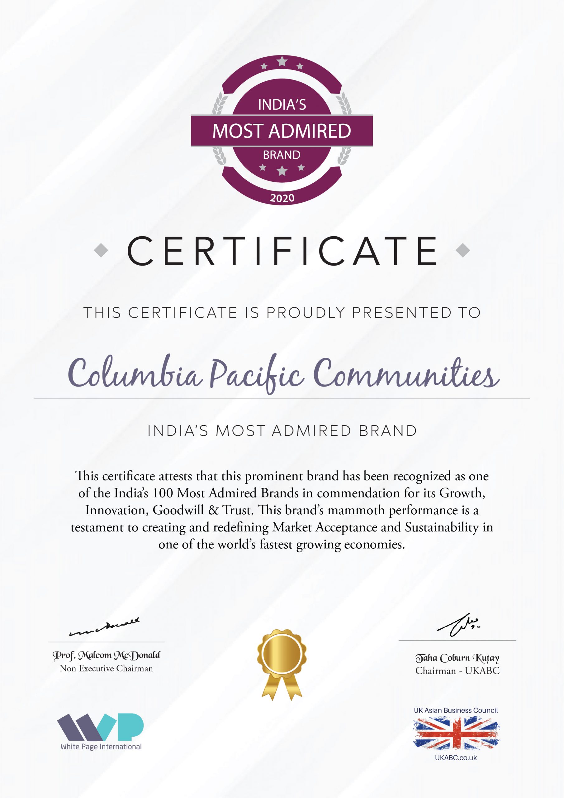 Columbia Pacific Communities recognised as one of the India’s 100 Most Admired Brands